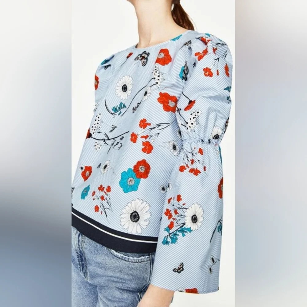 Zara Pinstripe Floral Puff Sleeve Cotton Blouse Button Down Back Women's XS